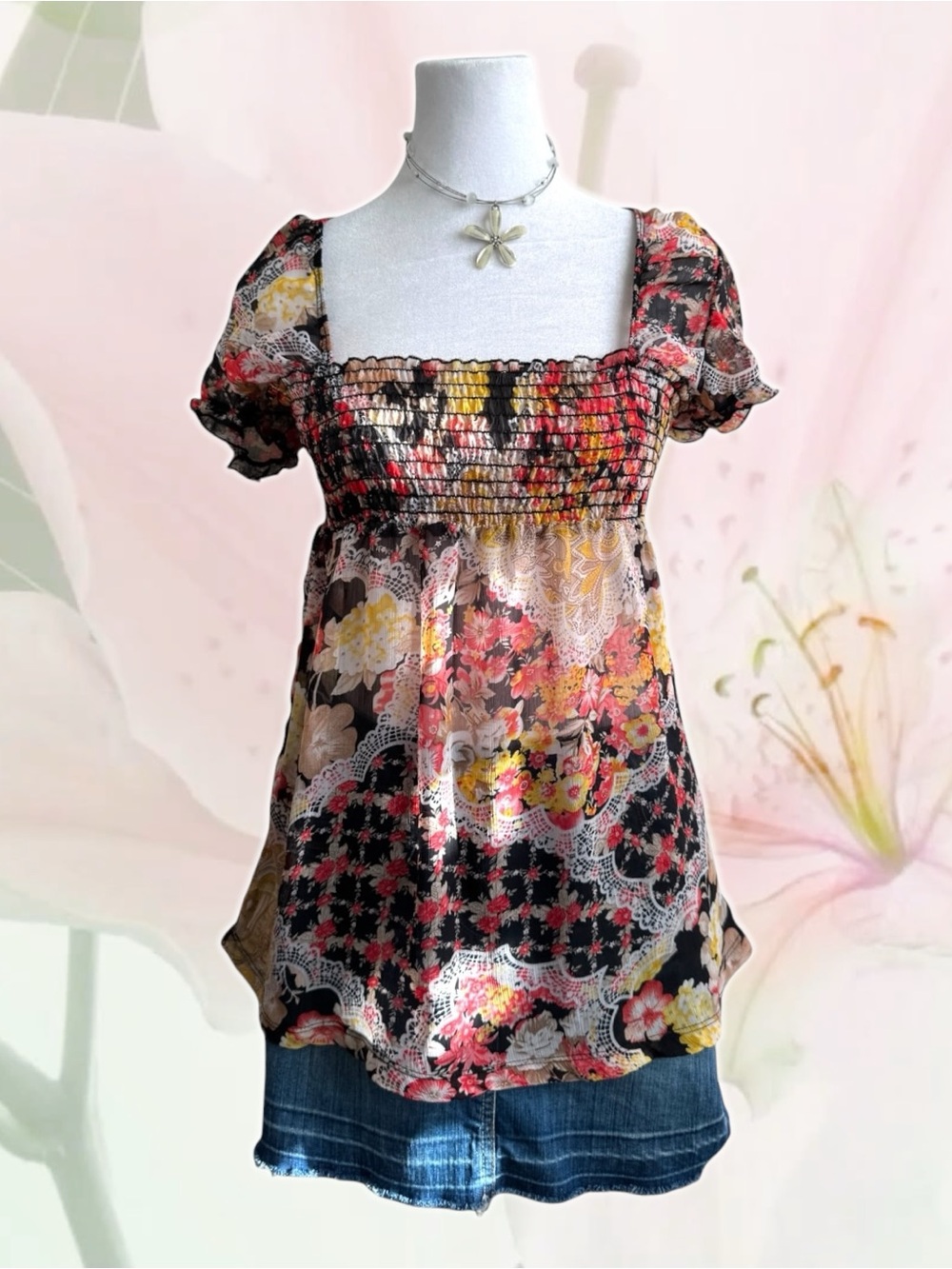 George Floral Smocked Square-Neck Top in Black, Pink and Yellow